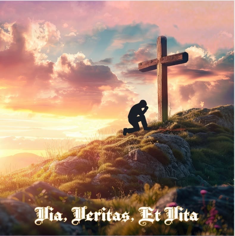 Via, Veritas, Et Vita album art — a man kneeling in prayer before a wooden cross on a hilltop at sunrise